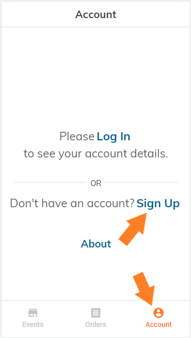 Customer App Account and Sign Up Picture with Orange Arrows