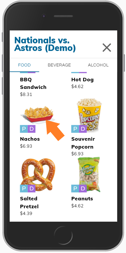 Event Product Menu With Arrow Pointing At Nachos