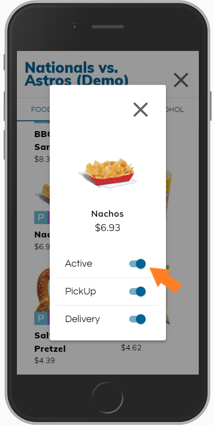 Event Product Nachos With Arrow Pointing At Active Toggle
