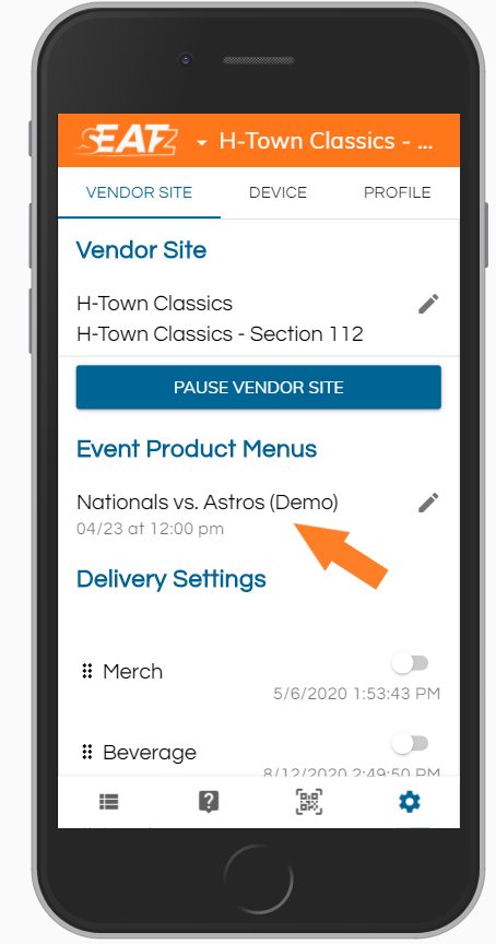 Vendor Site Settings Page With Arrow To Event Product Menu